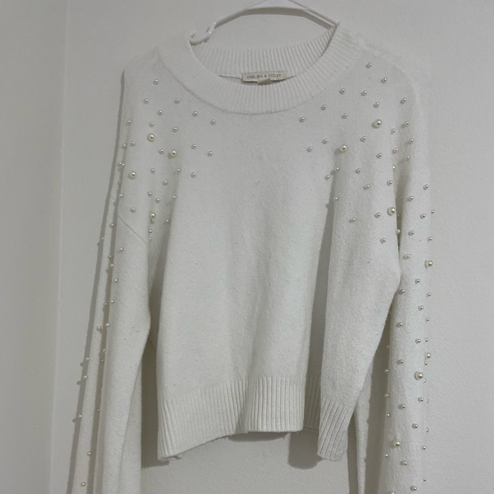 Chelsea & Violet White Pearl-Studded Sweater